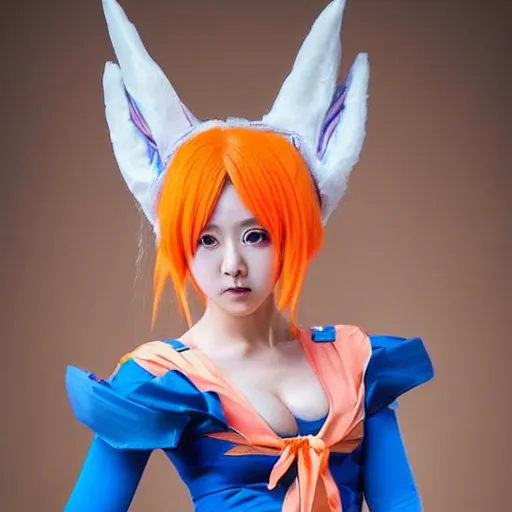 Image similar to Japanese j-pop idol dressed as kawaii female goku, cosplay, studio lighting, 4k, extremely beautiful symmetric face, aesthetic!!!