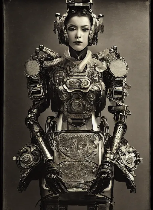 Image similar to old wetplate daguerreotype frame portrait of a futuristic silver armored geisha district 9 cyborg with computer mainframe screens, fractal, intricate, elegant, highly detailed, subsurface scattering, by jheronimus bosch and greg rutkowski and louis jacques mande daguerre