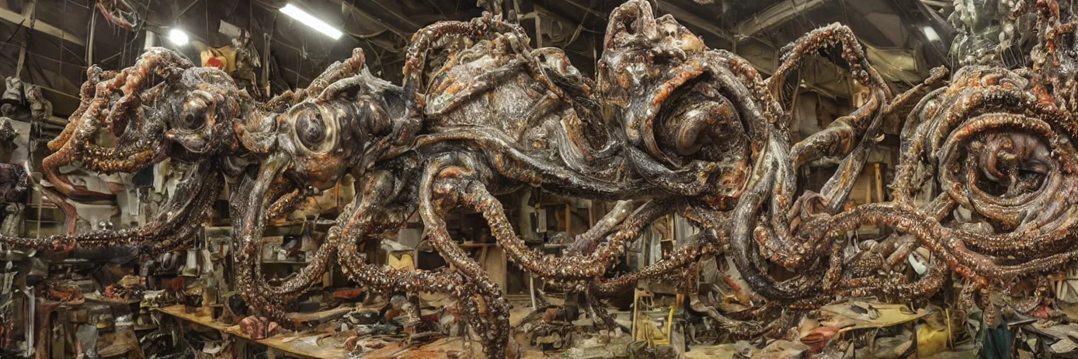 Image similar to low wide angle photo taken of an epic intricate, ultra detailed, super realistic gritty, hero prop, exquisitely painted animatronic movie prop of a wet slimy grotesque nightmarish hellish mutant cephalopod creature displayed in the workshop, created by weta workshop, full body shot, photorealistic, sharp focus