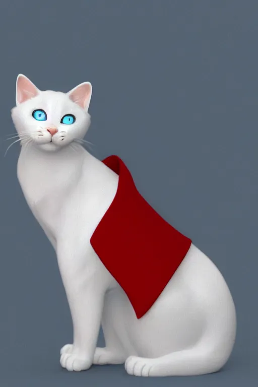 Image similar to a white cat with blue eyes wearing a red formal overcoat, hyperrealistic, concept art, octane render, unreal engine 5, realistic and defined face, profile picture, digital art, pixar and disney style, symmetrical, high quality, highly detailed, high coherence, path traced, house background, low contrast, beautiful, elegant clothes