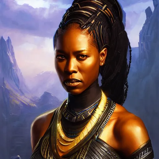 Prompt: portrait of a wakandan woman ( 3 5 ) from wakanda, an oil painting by ross tran and thomas kincade