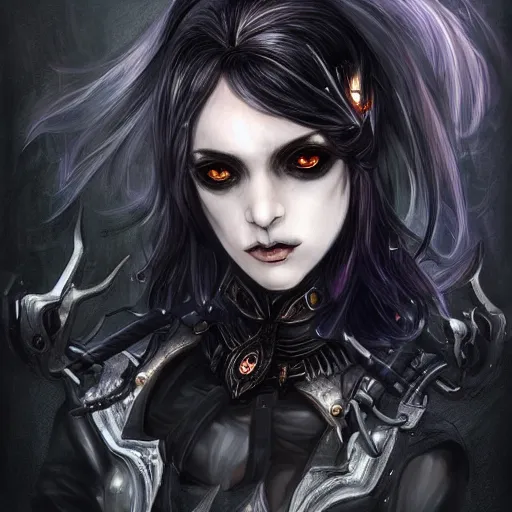 Prompt: portrait of a female dark elf witch by ayami kojima, she is about 2 0 years old, american, black hair, introvert, she is wearing a modern tactical gear, scifi, highly detailed portrait, digital painting, artstation, concept art, smooth, sharp foccus ilustration, artstation hq