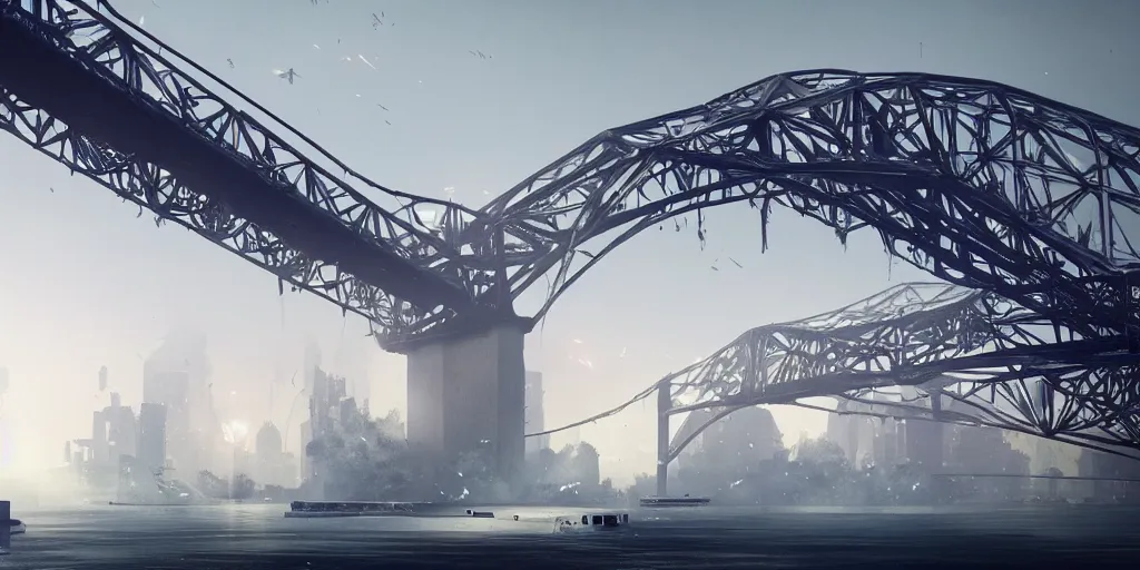 Prompt: explosions in the form of realistic white cotton plants on harbour bridge, huge white cotton everywhere on the destroyed harbour bridge, smooth, sharp focus, highly detailed, 3 d octane render, epic lighting, lots of white cotton, 8 k, by greg rutkowski and artgerm