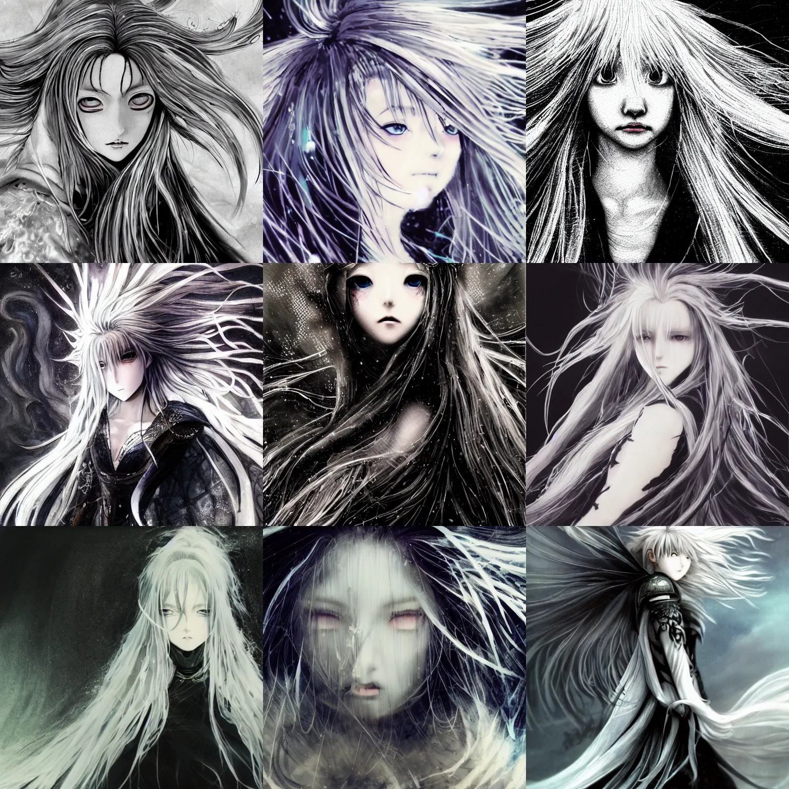 Prompt: Blurred and dreamy illustration in the style of Yoshitaka Amano of an anime girl with wavy white hair fluttering in the wind and cracks on her face wearing elden ring armor with the cloak, abstract black and white patterns on the background, noisy film grain effect, highly detailed, Renaissance oil painting, weird camera angle