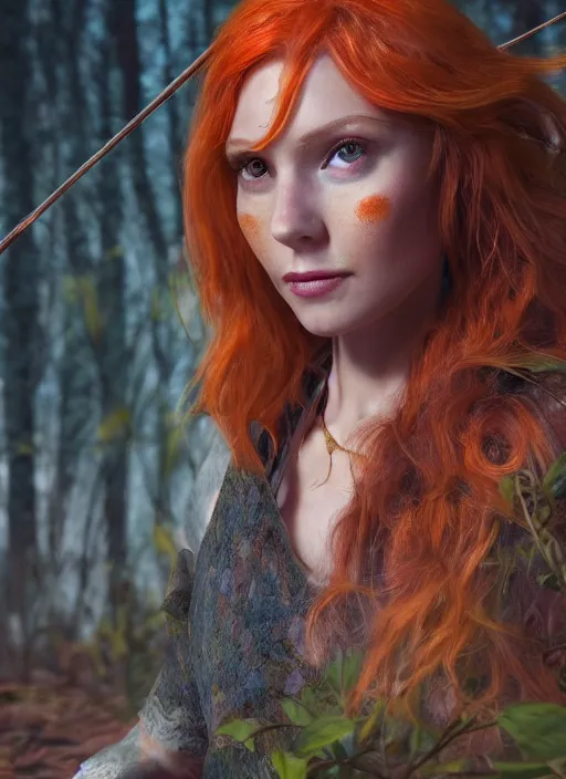 Prompt: beautiful portrait of female Robin Hood, orange flowing hair, magical, forest, sunset, blue mist, symmetrical face, large eyes, pale, freckles, hyper realistic, digital art, octane render, trending on artstation, artstationHD, artstationHQ, unreal engine, 4k, 8k