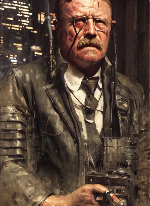 Prompt: cyberpunk teddy roosevelt as a cyberpunk assassin in a cyberpunk stealth suit (blade runner 2049, cyberpunk 2077). Orientalist portrait by john william waterhouse and James Gurney and Theodore Ralli and Nasreddine Dinet, oil on canvas. Cinematic, hyper realism, realistic proportions, dramatic lighting, high detail 4k