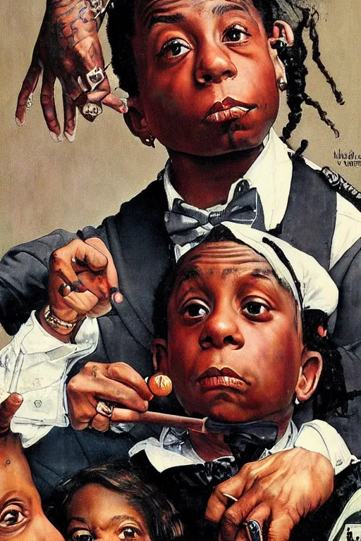 Image similar to lil wayne and his giant iphone painted by norman rockwell