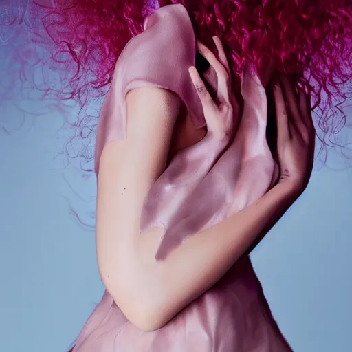 Prompt: flume and former cover art future bassgirl unwrapped statue bust curls of hair petite lush body photography model on skin futuristic smooth material style of Jonathan Zawada and Thisset colours