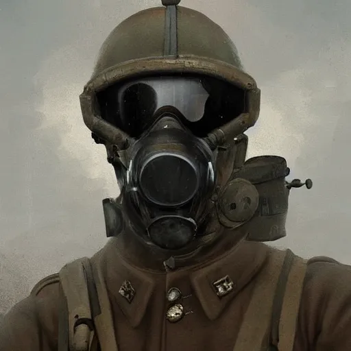 Image similar to a portrait painting of a world war 1 british soldier wearing gasmask, detailed, in the style of greg rutkowski