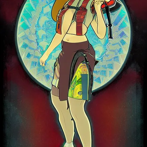 Image similar to A female hoverboarder, cyberpunk, digital art, by Studio Ghibli and Alphonse Mucha