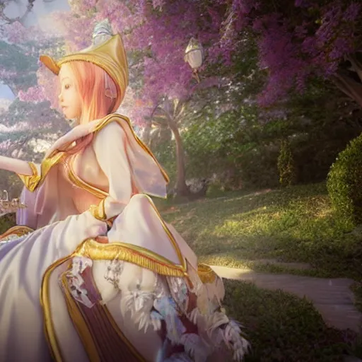 Image similar to a very detailed, ultra-realistic, pleasant, beautiful, funny, smooth 3D CG render, semirealistic anime style, close-up of a gorgeous, cute, gentle, noble priestess magician princess girl wearing dress and jewelry, in a glorious magic kingdom with castle and walls, relaxing calm vibes, fairytale, octane render