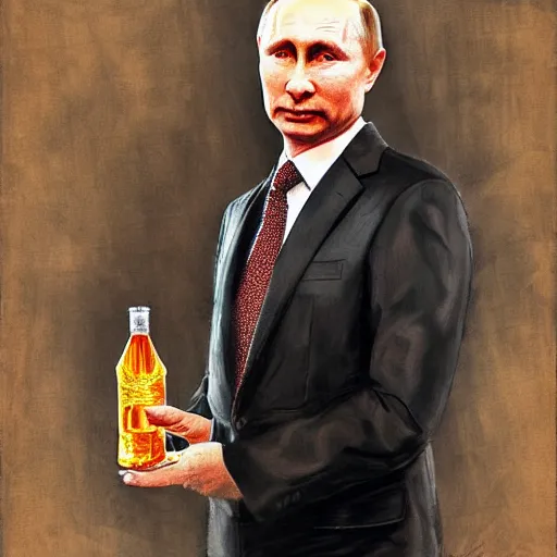 Prompt: putin holding a bottle of alcohol named arak, cinematic, beautiful digital painting, hyper detailed