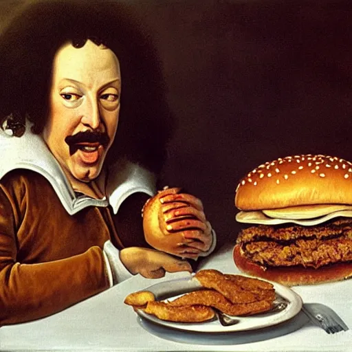 Image similar to painting portrait of louis xiv eating hamburger by lucian freud and bob bottin and reubens