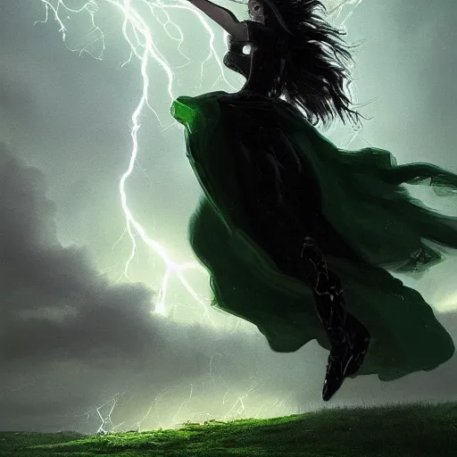 Prompt: a detailed picture of beautiful woman with black hair, wearing a green cloak, running away in a thunderstorm riding a horse at night, bolts of lightning, ominous, 4k, Greg Rutkowski