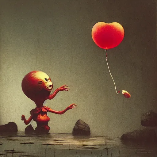 Image similar to grunge painting of a waterfall with a wide smile and a red balloon by Zdzisław Beksiński, loony toons style, pennywise style, corpse bride style, creepy lighting, horror theme, detailed, elegant, intricate, conceptual, volumetric light