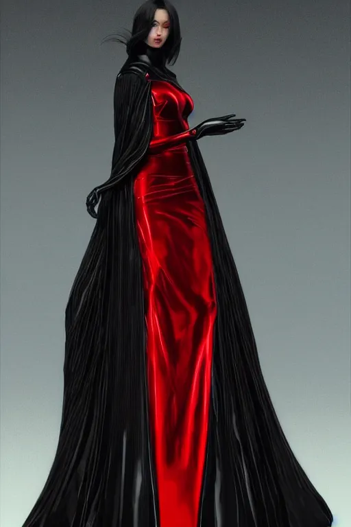 Prompt: detailed beautiful noun in opened black gold red coat, seductive confident pose, attractive feminine curves, intricate details, futuristic, alien, elegant cape, elegant, photorealism, trending on artstation, holy halo, advanced technology, art by moebius and vitaly bulgarov and chanthara