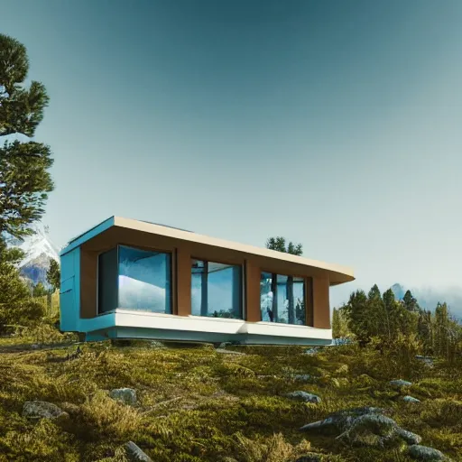 Image similar to wes anderson style modern futuristic house near the lake, snowy mountains and green forest, cinematic, realism, photo, detailed