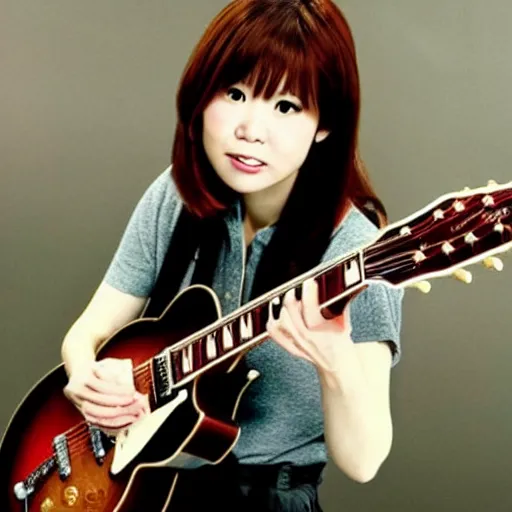 Image similar to real-life Yui Hirasawa with a Gibson Pre-'08 Les Paul Standard having fun, a still of a Japanese movie