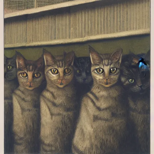 Prompt: many cats wearing masks lined up outside a guard booth by michael sowa.