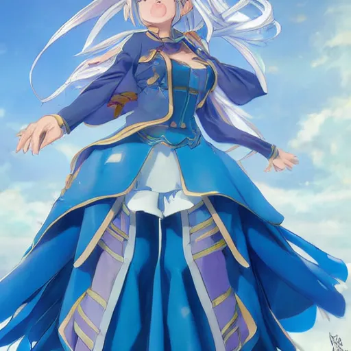 Image similar to aqua from konosuba, blue dress, digital art, by aramaki shinji, by artgerm, by cushart krenz, by wlop, colorful, insanely detailed and intricate, hypermaximalist, elegant, ornate, hyper realistic, super detailed