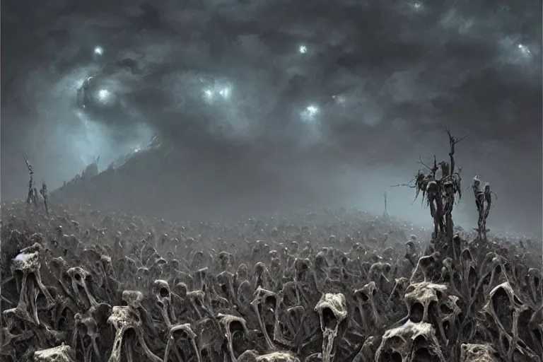 Image similar to army of bones forming, prophecy, moody, amazing concept painting, art station, by Jessica Rossier and HR giger and Beksinski, the middle of a valley; it was full of bones, bones that were very dry, there was a noise, a rattling sound, and the bones came together, bone to bone , I looked, and tendons and flesh appeared on them and skin covered them, but there was no breath in them and breath entered them, they came to life and stood up on their feet a vast army