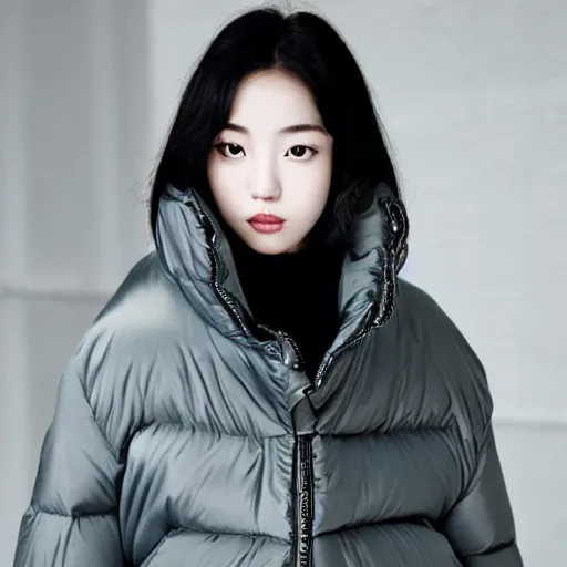 Image similar to extremely beautiful photograph of a young pretty korean woman wearing huge oversized very baggy large puffer jacket in the style of vetements, well lit, studio lighting, glossy, vogue, very realistic and beautiful fashion photography, moncler genius, balenciaga, yeezy, kanye west, balenciaga, vetements