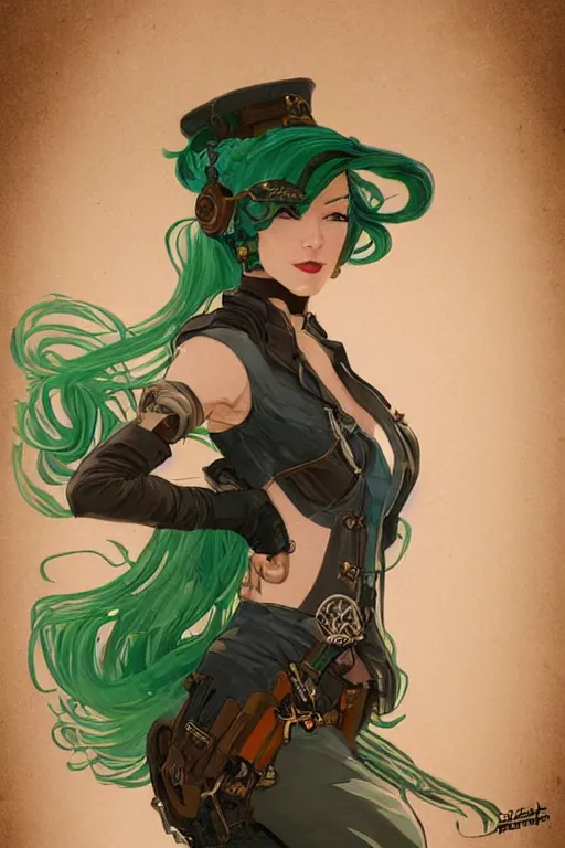 Image similar to beautiful woman with green hair as steampunk partial - cyborg, western gunslinger, smooth, sharp focus, illustration, highly detailed, digital painting, artstation, concept art, by disney animation, rossdraws, alphonse mucha, frank fanzzeta, collectible card art