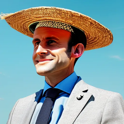 Image similar to a portrait of emmanuel macron wearing a straw hat in a scenic environment, traditional japanese art