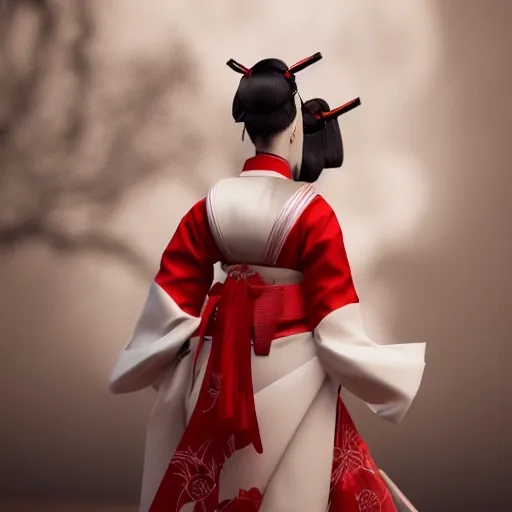 Image similar to kitsune geisha fancy hakama, full body, unreal engine octane, red and white, gliter, depth of field, 8k, hyper detailed, trending on artstation