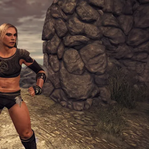 Image similar to character screenshot of ufc ronda rousey dc in skyrim, female armor, npc talking, wilderness, 1 0 8 0 p, bokeh, elder scrolls v, detailed, dialog text