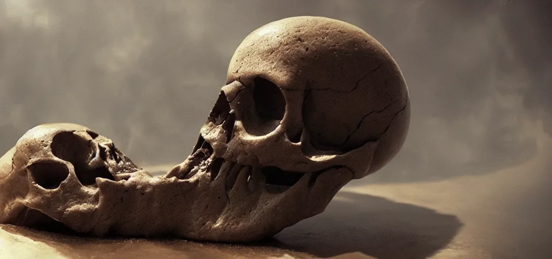Prompt: a cake in the shape of a skull, foggy, cinematic shot, photo still from movie by denis villeneuve, wayne barlowe