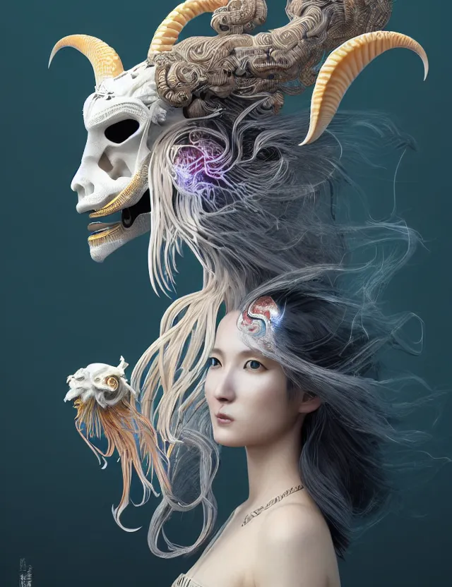 Image similar to 3 d goddess half - turn portrait with long hair with ram skull. beautiful intricately detailed japanese crow kitsune mask and clasical japanese kimono. betta fish, jellyfish phoenix, bio luminescent, plasma, ice, water, wind, creature, artwork by tooth wu and wlop and beeple and greg rutkowski