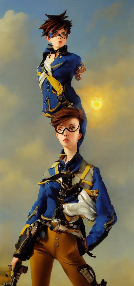 Prompt: oil painting of tracer overwatch in a field wearing blue uniform and black spiked collar, in style of ivan aivazovsky, expressive face, detailed face, detailed eyes, full body, feminine face, tracer overwatch,