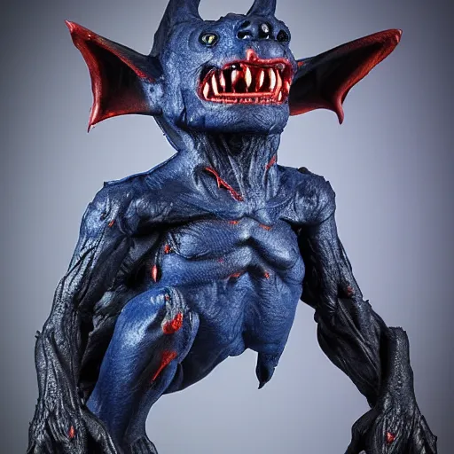 Image similar to detailed full body of scary giant mutant dark blue humanoid pygmy-bat, glowing red eyes, sharp teeth, acid leaking from mouth, realistic, giant, bat ears, bat nose, furred, detailed, 85mm f/1.4