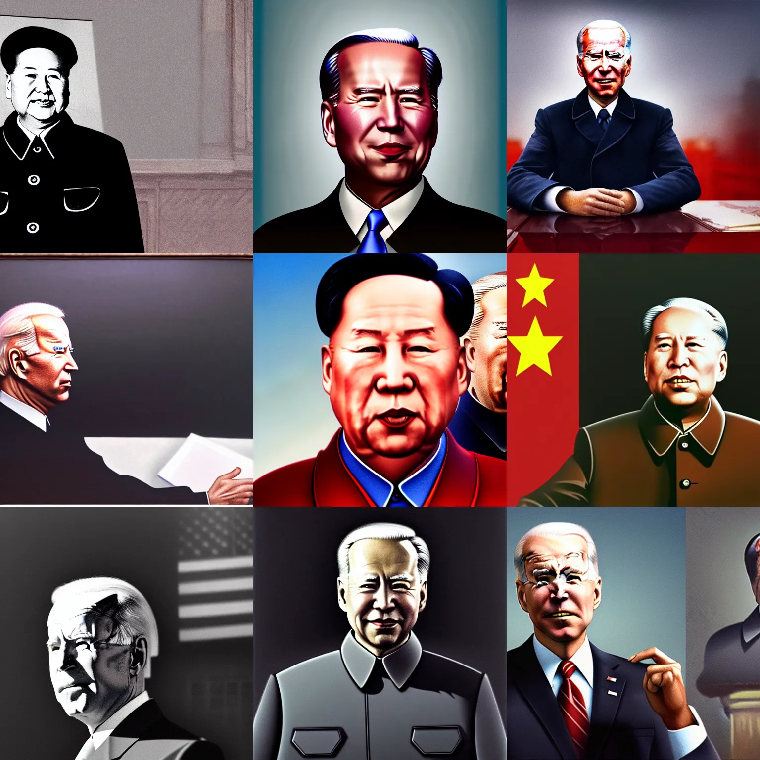 Prompt: a very high resolution matte oil painting of portrait joe biden dressed as chairman mao and robbing a bank, extremely detailed, disturbing, cinematic, 4 k, 8 k
