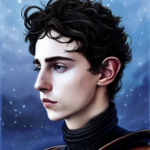 Prompt: realistic paul atreides emperor of the known universe, perfect dramatic and dark portrait insanely detailed, trending on artstation, deviantart, dune, low angle oil painting and composition laws, dark foggy background, timothee chalamet but he is older, man with thin lines on the face, medium - long curly brown hair, completely blue eyes, denis villeneuve cinematography