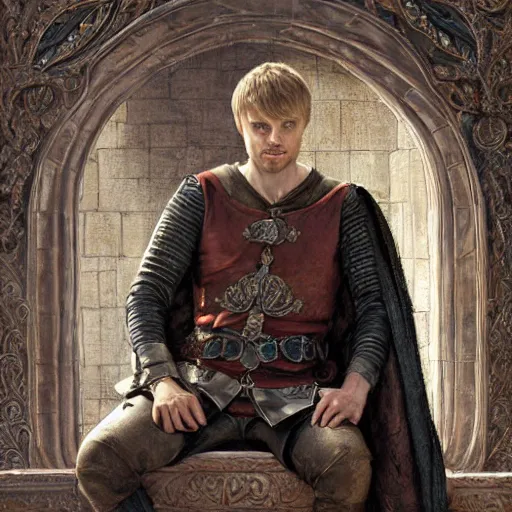 Prompt: attractive bradley james as king arthur pendragon, sat in his throne, big arches in the back, very detailed face, natural lighting, path traced, highly detailed, high quality, digital painting, by gaston bussiere, j. c. leyendecker