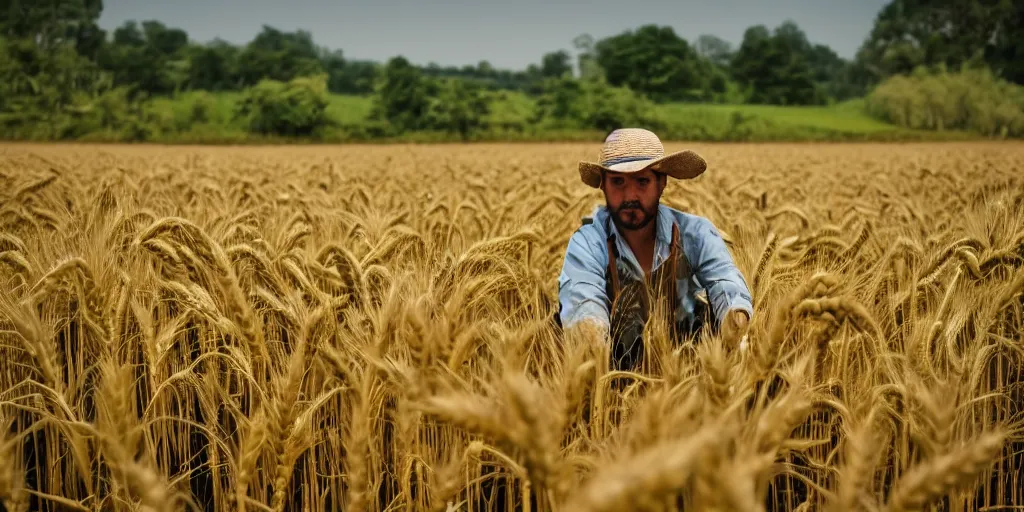 Image similar to a beautiful view of a farmer working in wheat field and there is a beautiful jungle behind the field, professional photography