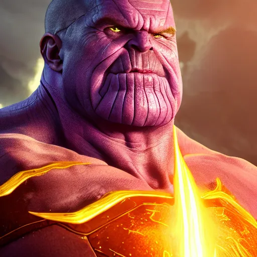 Prompt: thanos going super sayain, au naturel, hyper detailed, digital art, trending in artstation, cinematic lighting, studio quality, smooth render, unreal engine 5 rendered, octane rendered, art style by klimt and nixeu and ian sprigger and wlop and krenz cushart