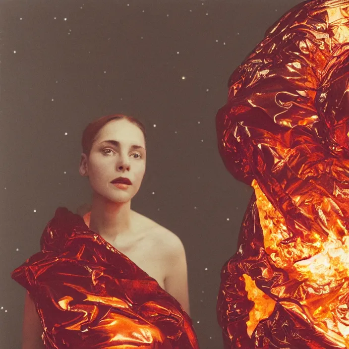 Prompt: a closeup portrait of a woman wrapped in plastic, standing in front of jupiter on fire, color photograph, by vincent desiderio, canon eos c 3 0 0, ƒ 1. 8, 3 5 mm, 8 k, medium - format print