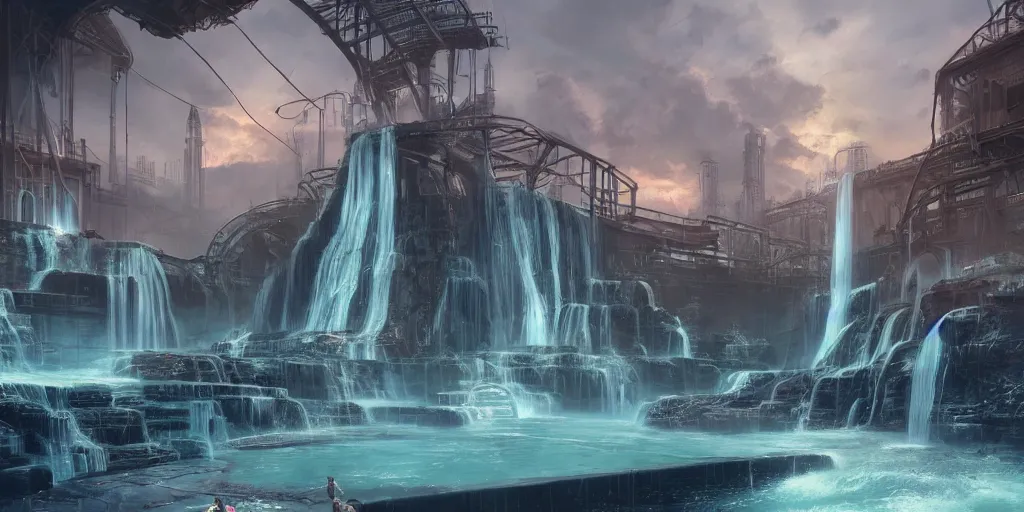 Image similar to beautiful pool waterfalls surrounded by alien robots, steel archways, industrial buildings, rusty metal towers, sun setting, ross tran, fantasy, james jean, peter morbacher, angelarium, alchemy, luxury, heavenly light, soft illumination, trending on artstation, cinematic lighting, digital painting, octane render, artgerm