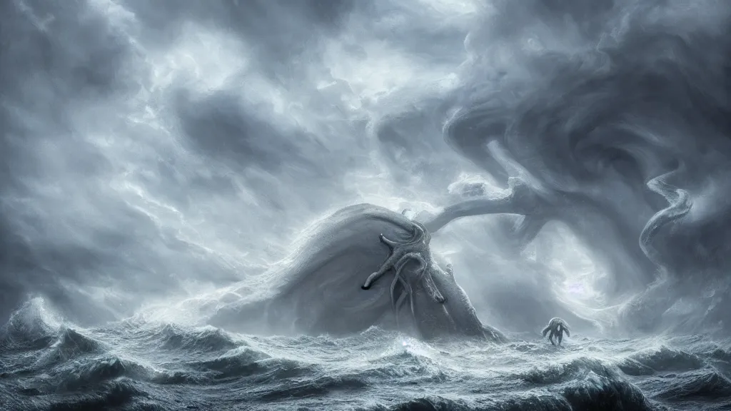 Image similar to cthulhu rising out a stormy ocean, ancient evil, stormy weather, handsome, profile, intricate, detailed, volumetric lighting, scenery, digital painting, highly detailed, artstation, sharp focus, illustration, concept art, ruan jia, steve mccurry