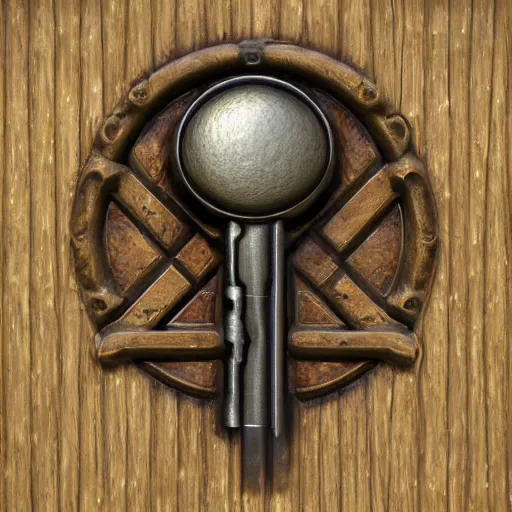 Prompt: a highly detailed key for the doors item, key is on the center of image, key has metal and wooden elements, point and click game inventory item, very detailed, dynamic lights, on the solid color background, high poly vray render, stylised textures, trending on artstation