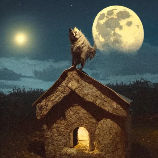 Image similar to bert jansch on the roof of a small medieval cottage, howling at the moon, beautiful nighttime photograph, 4 k