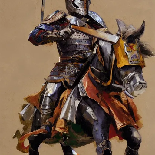 Image similar to mel gibson as rider with couched jousting lance, medieval helmet, colorful caparisons, chainmail, detailed by greg manchess, craig mullins, bernie fuchs, walter everett