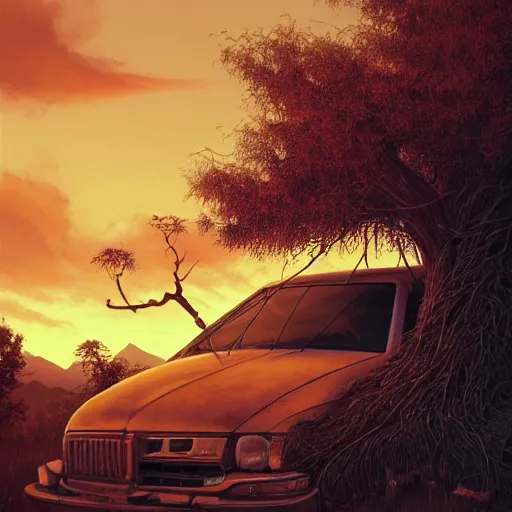 Image similar to low angle shot of tree growing inside scrap car in the foreground. overgrown. soft golden red sunset over the mountains in the background. clouds. detailed leaves. hyperrealistic, highly detailed, cinematic, beautiful, cgsociety, artstation, oil painting by greg rutkowski, by artgerm, by wlop