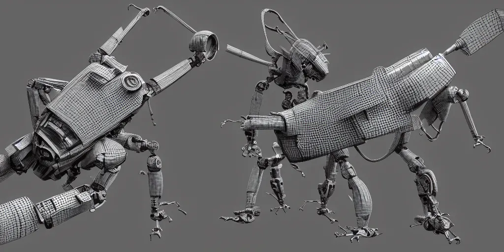 Prompt: the anatomy of a grasshopper robot, ambient occlusion, 3 d, maximum noise reduction, cyberpunk style, fallout 5, deep colors and studio lighting