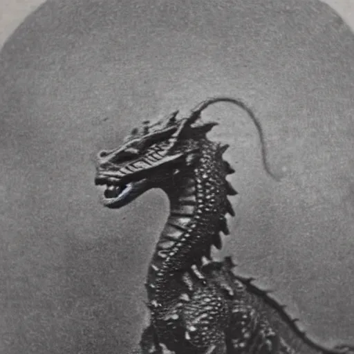 Prompt: victorian photograph of a real dragon, rutowski, highly realistic, scaly, grainy photo, very blurry, creature, faded, taken in the 1 8 8 0 s, 1 8 7 0 s, 1 8 9 0 s