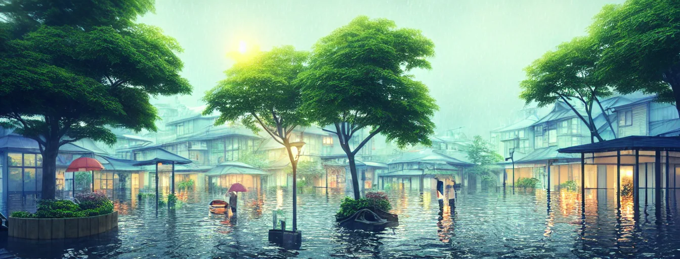 Image similar to cruising ship sailing at raining night at flooded miniature city, sun is on the rise on the town, cute style garden, octane render, trees, evergreen, patio, garden, wet atmosphere, tender, soft light misty yoshitaka amano, and artgerm