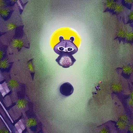 Prompt: a cute racoon with a fried egg on its head, walking in a city that is also a forest, digital art, bird eye view